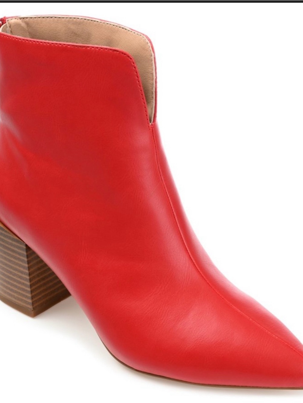Journee Collection Red Leather Pointed Ankle Boot with Stacked Heel